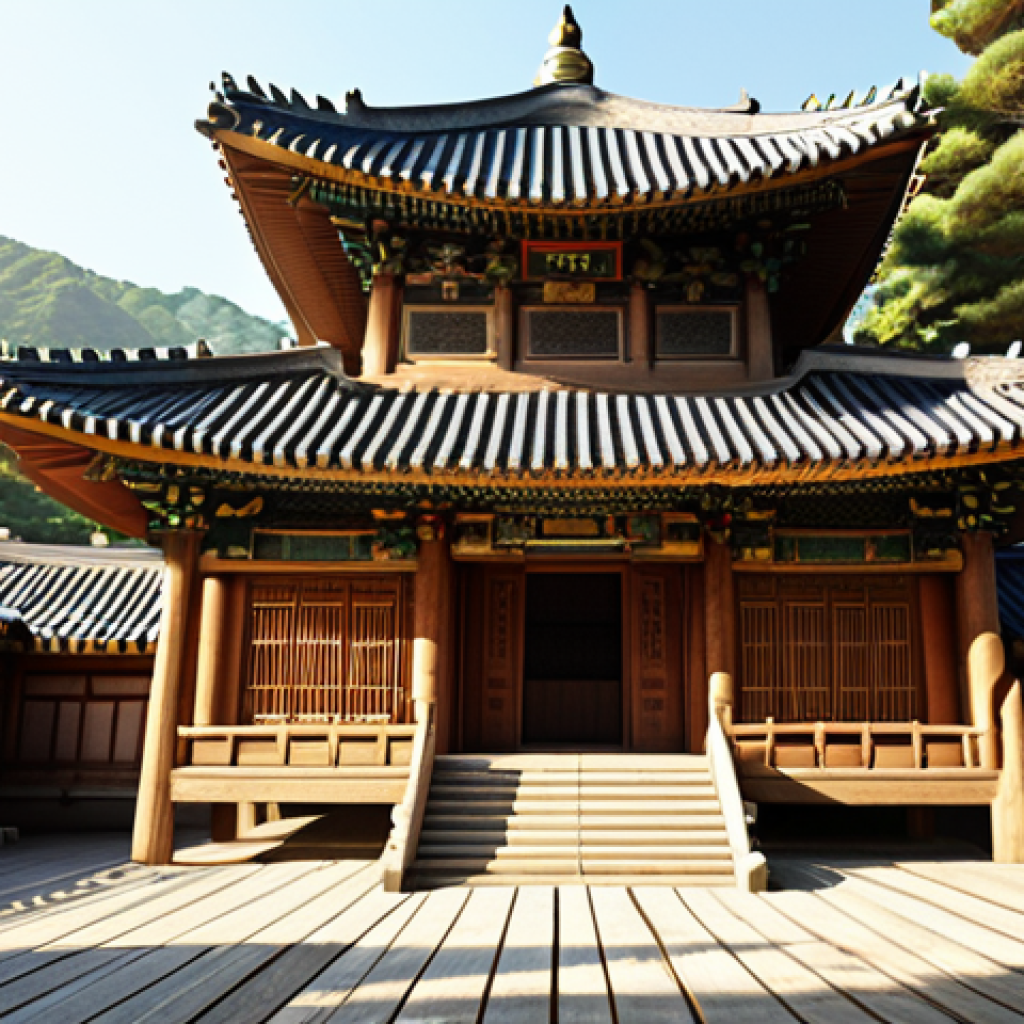 **Prompt:** "Majestic wooden temple, Daeungjeon, with intricate carvings, bathed in soft sunlight in a tranquil Korean landscape. Golden details, serene atmosphere, digital art." (This focuses on the architectural beauty and peaceful setting)