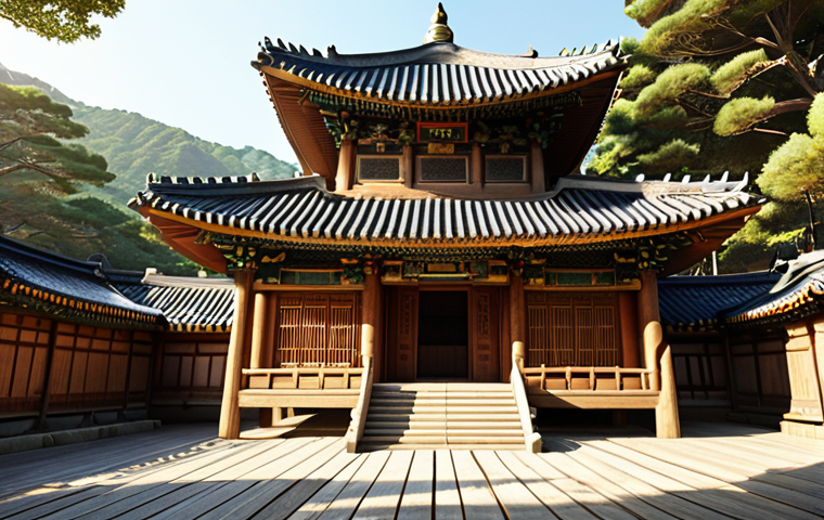 **Prompt:** "Majestic wooden temple, Daeungjeon, with intricate carvings, bathed in soft sunlight in a tranquil Korean landscape. Golden details, serene atmosphere, digital art." (This focuses on the architectural beauty and peaceful setting)