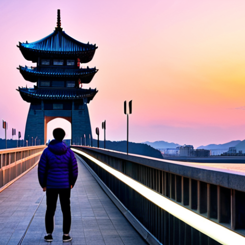 A professional photographer in a modest, stylish light jacket over a casual top, fully clothed, professional dress, standing on the long bridge leading to the majestic Yeongildae Tower in Pohang, South Korea, at a breathtaking sunset. The tower's silhouette is striking against the vibrant sky of orange, pink, and purple hues, with its modern LED lights beginning to glow. Gentle waves are breaking below the bridge, capturing the harmonious blend of modern architecture and natural beauty. perfect anatomy, correct proportions, natural pose, well-formed hands, proper finger count, natural body proportions, professional photography, high-quality, ultra-detailed, safe for work, appropriate content, fully clothed, professional, family-friendly.