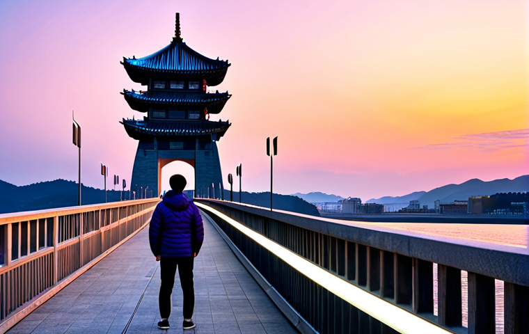 A professional photographer in a modest, stylish light jacket over a casual top, fully clothed, professional dress, standing on the long bridge leading to the majestic Yeongildae Tower in Pohang, South Korea, at a breathtaking sunset. The tower's silhouette is striking against the vibrant sky of orange, pink, and purple hues, with its modern LED lights beginning to glow. Gentle waves are breaking below the bridge, capturing the harmonious blend of modern architecture and natural beauty. perfect anatomy, correct proportions, natural pose, well-formed hands, proper finger count, natural body proportions, professional photography, high-quality, ultra-detailed, safe for work, appropriate content, fully clothed, professional, family-friendly.
