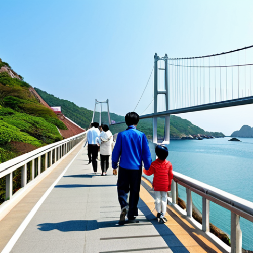 Daewangam Suspension Bridge - Family Scene**

"A scenic view of Daewangam Park's suspension bridge with a fully clothed family walking across, enjoying the view of the ocean and rocky coastline. Appropriate attire, safe for work, perfect anatomy, natural proportions, high-resolution photography, bright daylight, clear sky, family-friendly, well-formed hands, proper finger count."

**