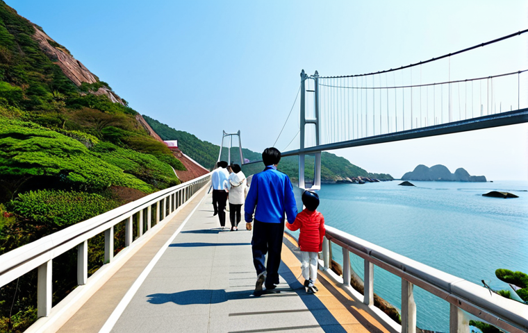Daewangam Suspension Bridge - Family Scene**

"A scenic view of Daewangam Park's suspension bridge with a fully clothed family walking across, enjoying the view of the ocean and rocky coastline. Appropriate attire, safe for work, perfect anatomy, natural proportions, high-resolution photography, bright daylight, clear sky, family-friendly, well-formed hands, proper finger count."

**