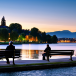 대구 수성못 야경 - Tranquil Lakeside Scene**
"A serene view of a lake at dusk, reflecting colorful city lights, benche...