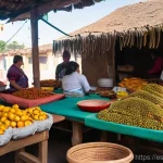 해남 땅끝마을 여행기 - **Vibrant Local Market Scene:** A bustling, sun-drenched outdoor market in a vibrant Latin American ...