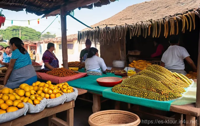 해남 땅끝마을 여행기 - **Vibrant Local Market Scene:** A bustling, sun-drenched outdoor market in a vibrant Latin American ...