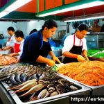 부산 자갈치 시장 맛집 - A vibrant seafood market scene in a bustling Spanish coastal town during morning hours, featuring co...