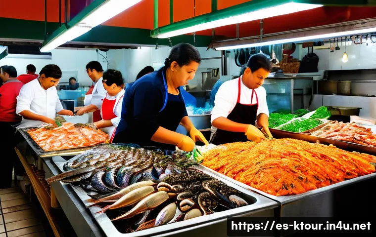 부산 자갈치 시장 맛집 - A vibrant seafood market scene in a bustling Spanish coastal town during morning hours, featuring co...