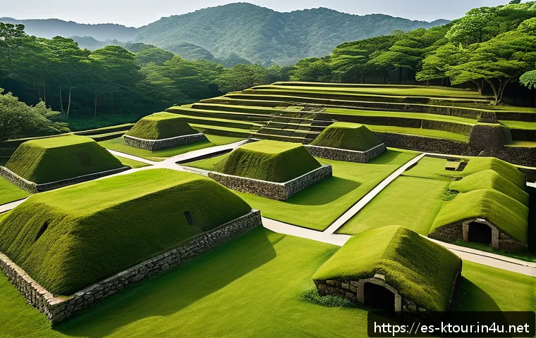 부여 백제문화유산 - A majestic ancient royal tomb complex nestled in a lush green landscape, featuring large earth-cover...